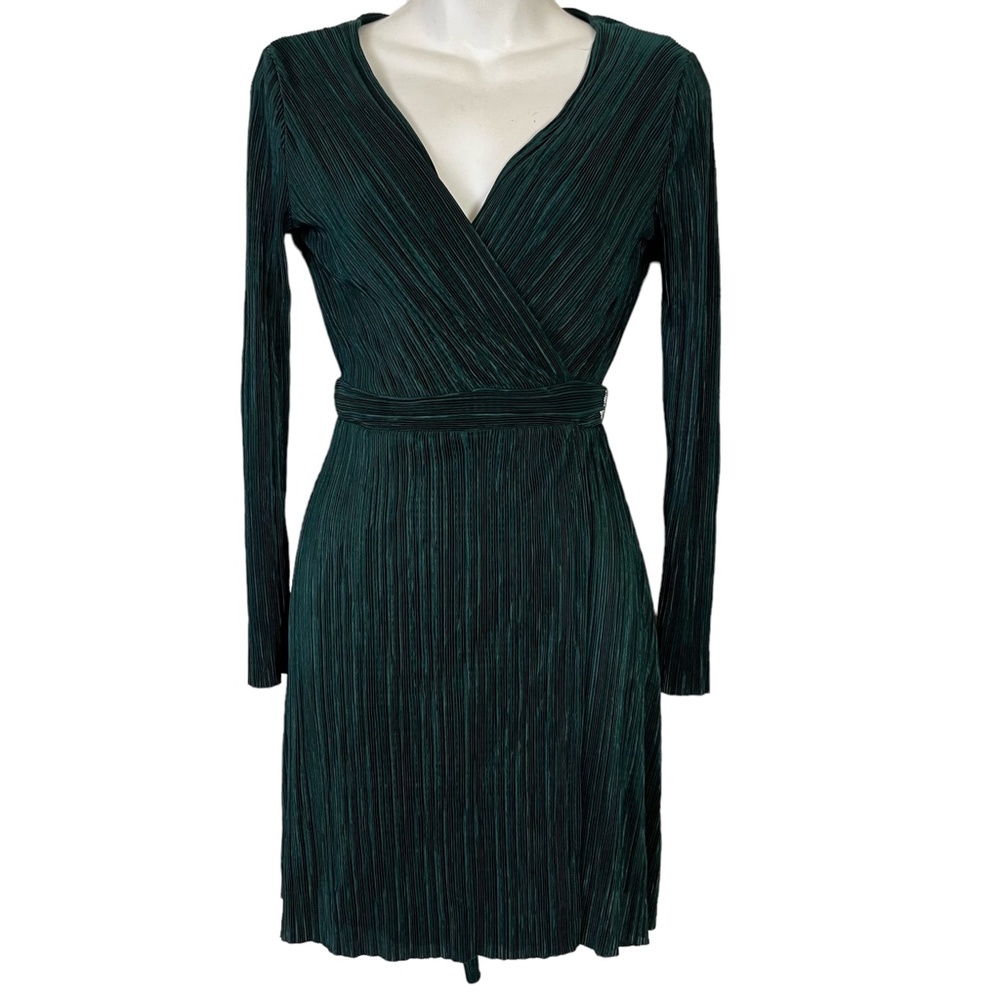 TOP SHOP Green Crinkle Emerald Long Sleeve V-Neck Wrap Style Mini Dress sz 2